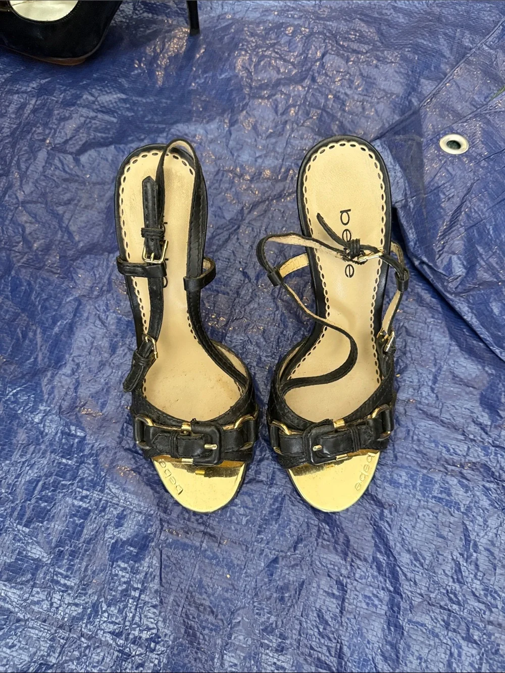 bebe Black and Gold Strappy Buckle Heels